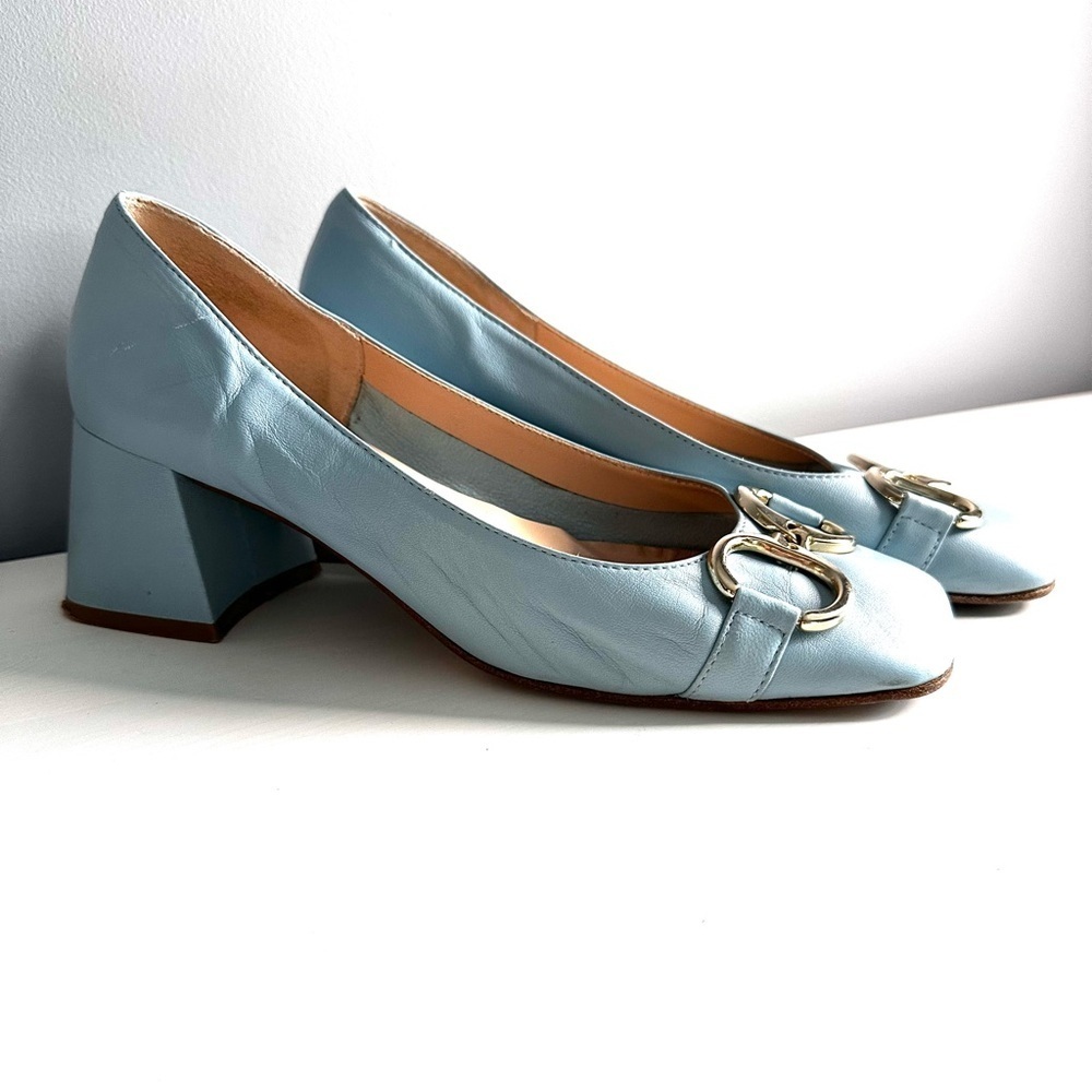 SCARLET Made in Italy, Low Block Heel, Leather, Baby Blue, Buckle Detail, Sz 8.5 - Picture 4 of 11